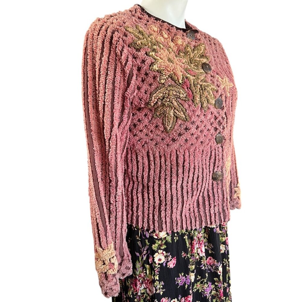 Chenille Cardigan With Loop Details on flowers Leaves Handmade Pink Rose - Picture 2 of 13